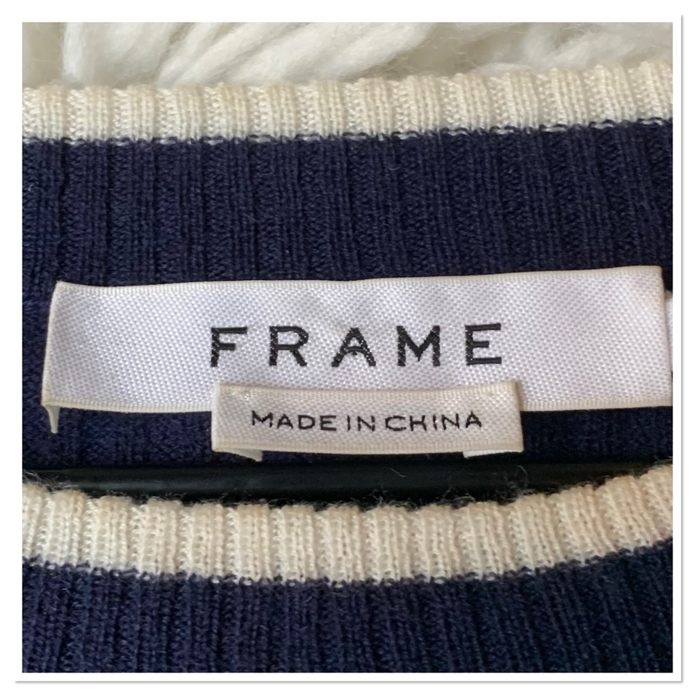 Frame Ribbed Knit Ruffle Sleeve Sweater Navy Size Medium - Picture 6 of 8